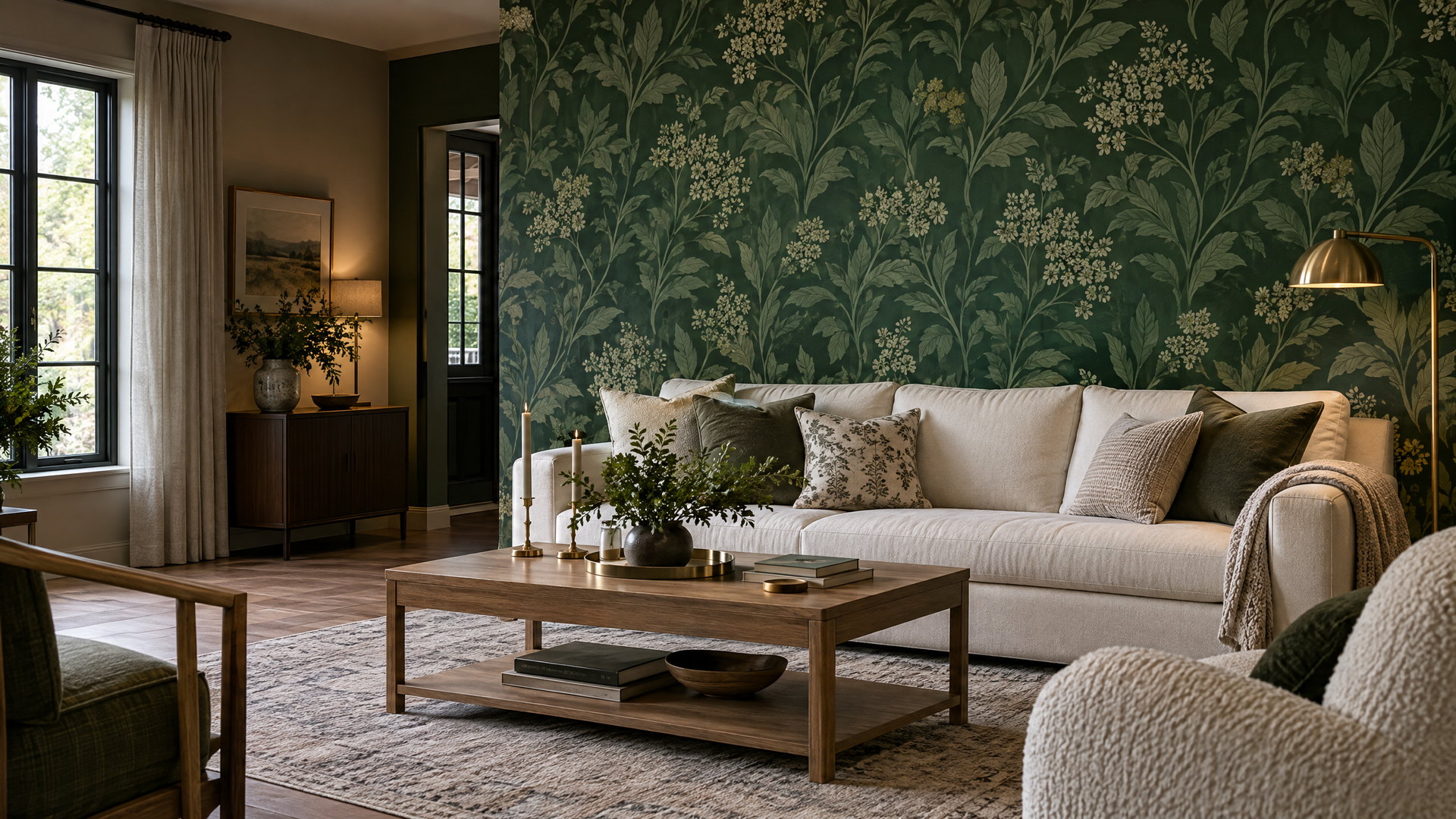 Elegant modern living room featuring forest-green botanical wallpaper