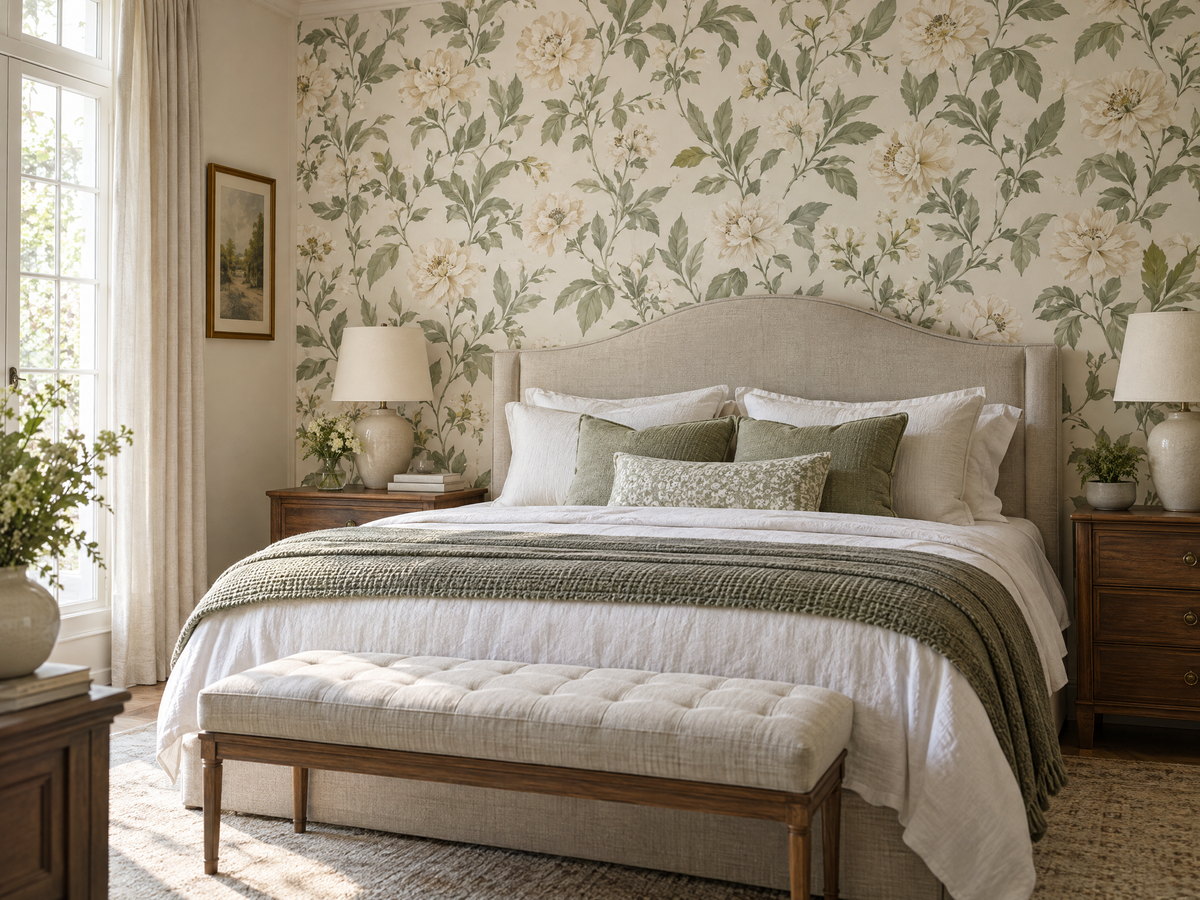 Elegant bedroom with a softly patterned decorative wallpaper feature wall