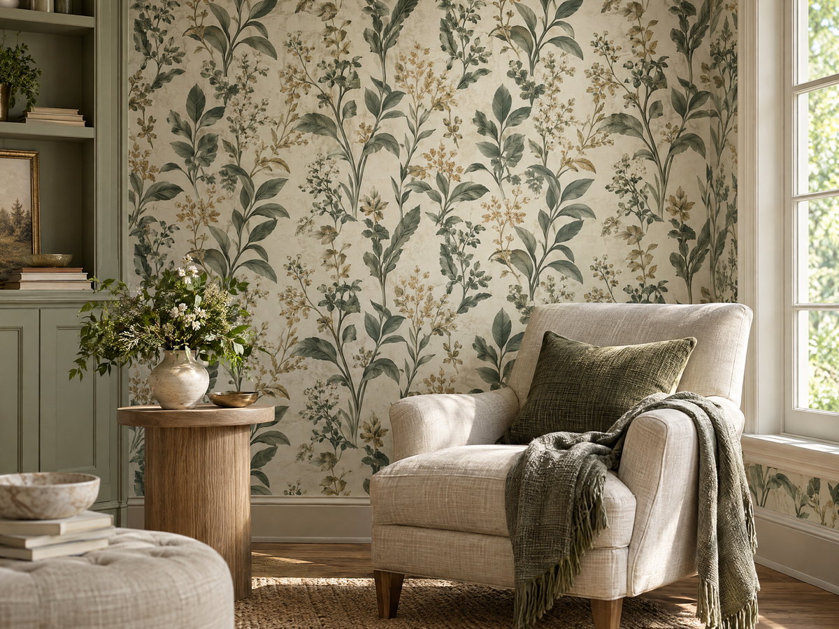 Botanical wallpaper in a calm sitting nook with muted green and ivory pattern