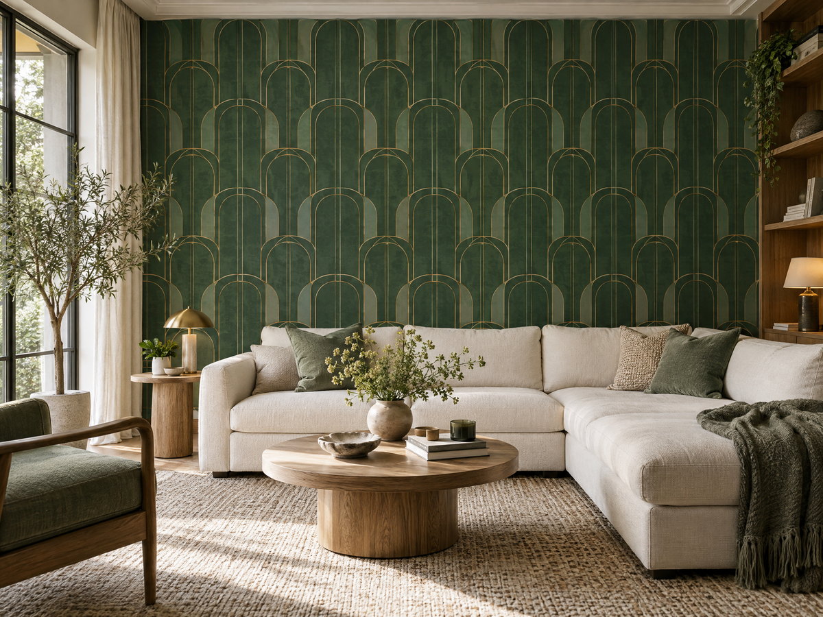 Contemporary living room with a forest-green geometric wallpaper accent wall