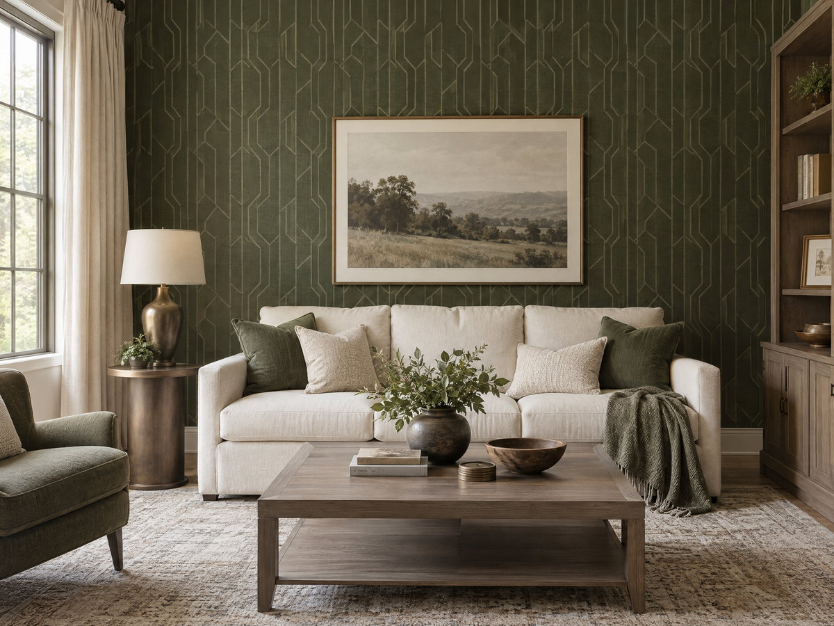 Living room with a forest-green geometric wallpaper feature wall