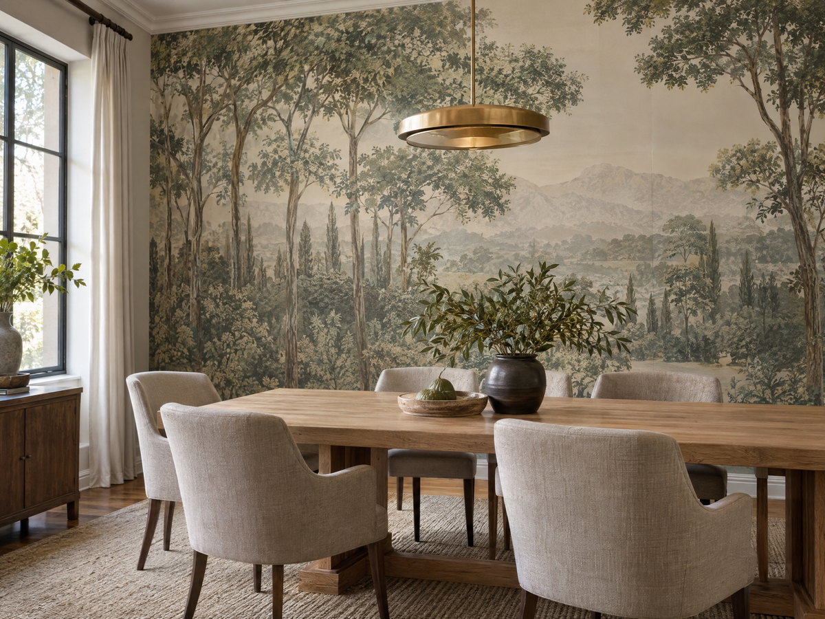 Contemporary room with a soft forest mural wallpaper feature wall